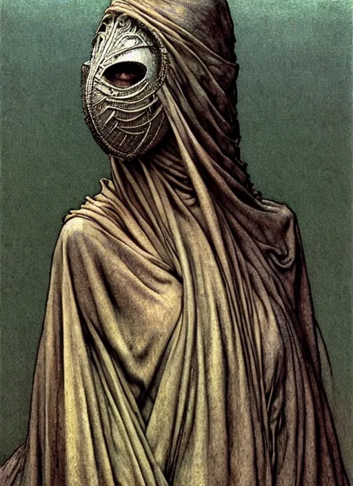 Image similar to soaring woman wearing a round mask hiding her face with many thick long blades behind head. dressed in a long robe with wide sleeves. highly detailed, symmetric, concept art, masterpiece, fantasy art, hyperdetailed, hyperrealism, art by zdzisław beksinski, arthur rackham, dariusz zawadzki, larry elmore