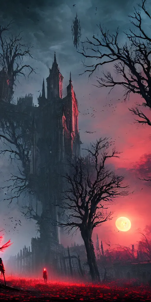 Image similar to abandoned bloodborne old valley with a person at the centre and a ruined gothic city at the end, trees and stars in the background, falling red petals, epic red - orange moonlight, perfect lightning, wallpaper illustration by niko delort and kentaro miura, 4 k, ultra realistic