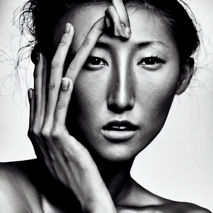 Image similar to young beautiful woman dichen lachman, gorgeous face, black and white photography portrait, skin grain detail, high fashion, full - body, 8 k,, ultra sharp focus, photography by richard avedon, and paolo roversi and nick knight, and hellmut newton, studio lighting film noir style