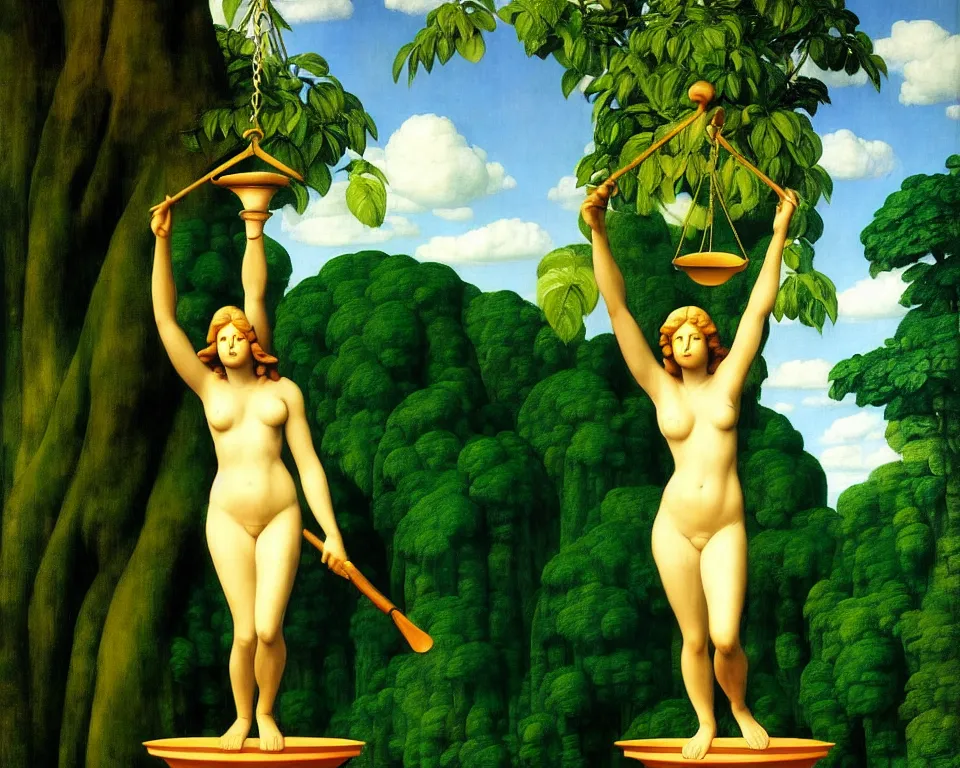 Prompt: lady justice statute in the rainforest by raphael, hopper, and rene magritte. detailed, romantic, enchanting, trending on artstation.