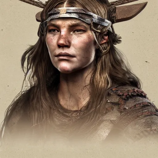 Image similar to a portrait of a female Viking warrior, rustic and weathered, holding a bow, retro, with a scar on her face. trending on artstation, ambient lighting, 4k render, ultra hd, behance art