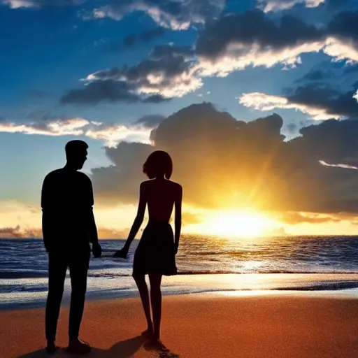 Image similar to Slim silhoutte of a couple on the beach, sunrise, ray tracing, birds in the sky, uplifting mood, happiness, majestic, 16k