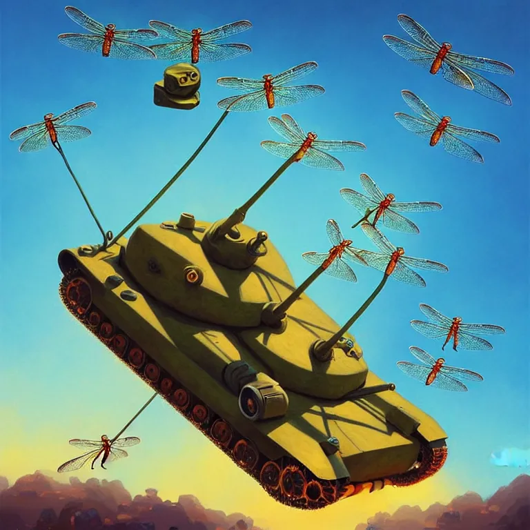 Prompt: a horde of dragonflies using cables to lift a tank, mid-air, suspended, fantasy, sunspots, motion, digital art by RHADS and Moebius, artstation