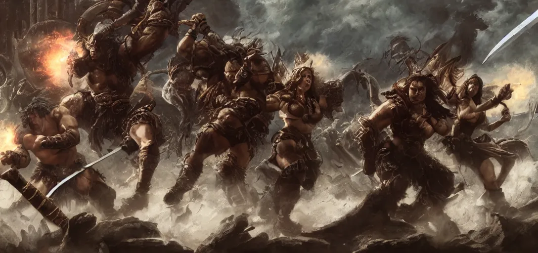 Prompt: a fantasy cinematic shot of a sexy beautiful barbarian woman, fighting, warhammer, dnd, fighting monsters, movie still, 8 k hdr 8 0 mm, frank frazetta and boris vallejo,