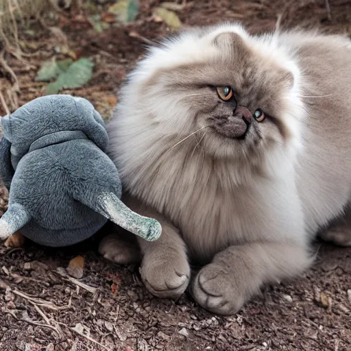 Image similar to Himalayan cat with green fur happily playing with a miniature grey skinned elephant.