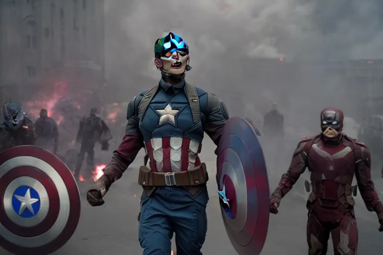 Image similar to film still of zombie Captain America in new avengers movie, 4k