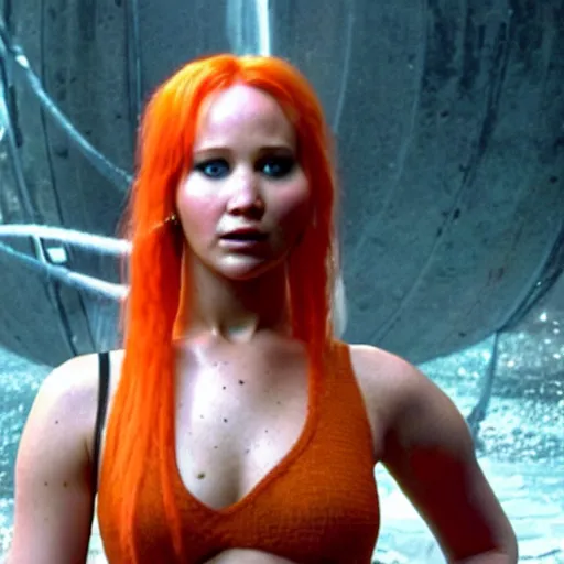 Prompt: still of Jennifer Lawrence as orange-haired Leelu in a remake of The Fifth Element (2029)