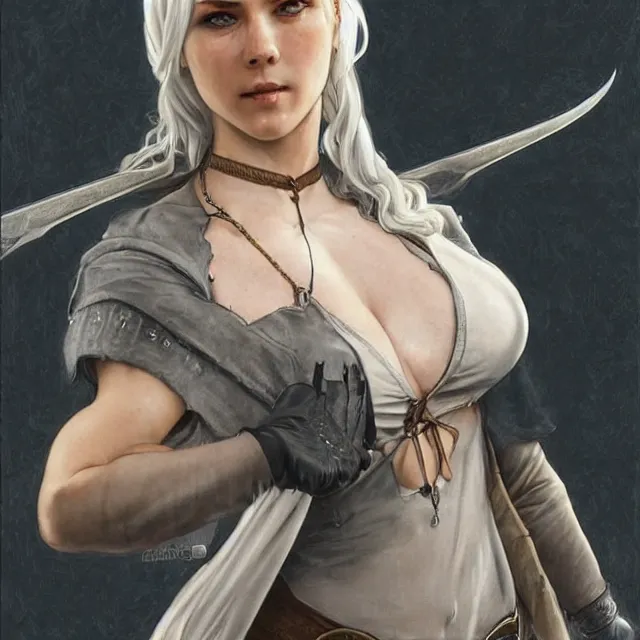 Image similar to cirilla as cosplayer at comic con, half - opened shirt!!, ultra realistic, pretty face, extremely detailed face!!, anatomically correct!!, symmetrical!!!, concept art, intricate details, highly detailed, photorealistic, octane render, 8 k, unreal engine. art by artgerm and greg rutkowski and alphonse mucha