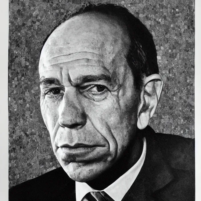 Prompt: a portrait of miguel ferrer, slight smile, dramatic, detailed, by brenda zlamany, by neale worley, by chuck close