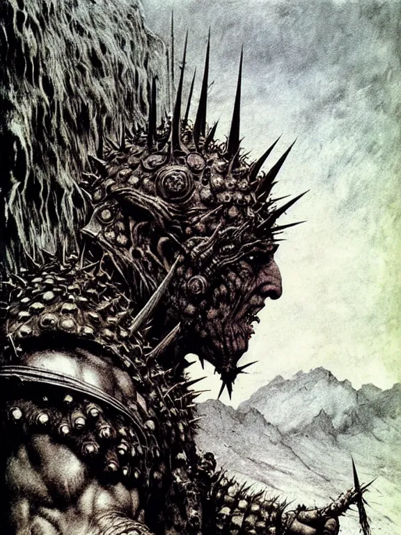 Prompt: A powerful large orc with pale skin covered in scars stands near the mountains, wearing spiky complex detailed armor without a helmet. Art by Zdzisław Beksiński, Arthur Rackham