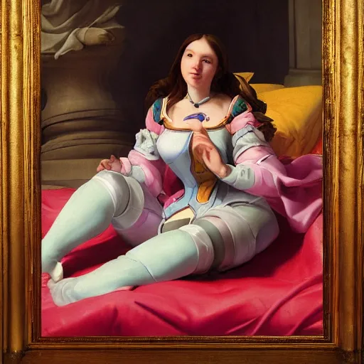 Prompt: renaissance painting of D.Va (overwatch) sitting on her bed