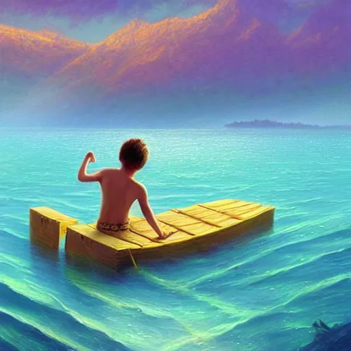 Prompt: a boy swims in a warm, endless lake, a huge fish, 8K, Ultra Realistic, vast surreal landscape and horizon by Asher Durand and Cyril Rolando and Thomas Kinkade, rich pastel color palette, masterpiece!!, grand!, imaginative!!!, epic scale, intricate details, sense of awe, elite, fantasy realism, complex composition, 4k post processing