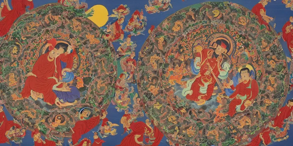 Prompt: The devil runs a group of people's lives in a big circle, Thangka painting style.