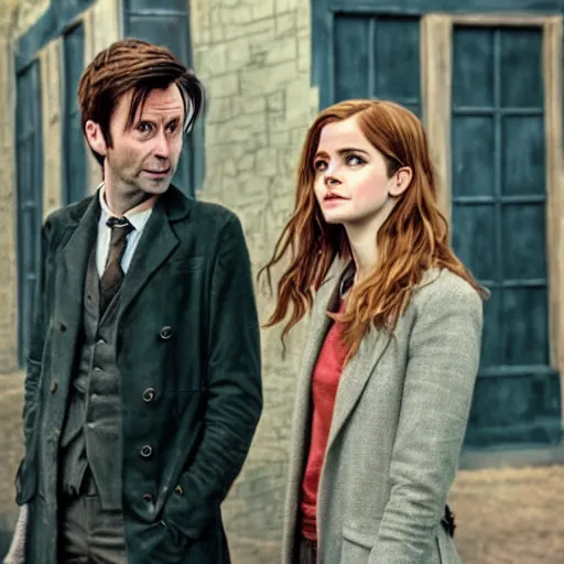 Image similar to david tennant as tenth doctor who and emma watson as hermione granger in tardis, a colorized photo by hinchel or, tumblr, fantastic realism, colorized, handsome, da vinci