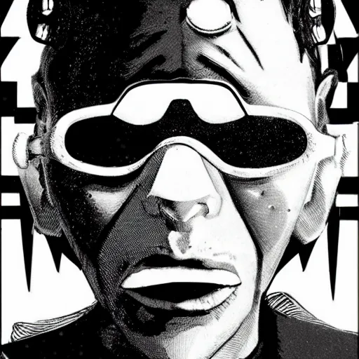 Image similar to close up portrait of a cyberpunk goth guy wearing goggles and eccentric jewelry, by jamie hewlett, jamie hewlett art,