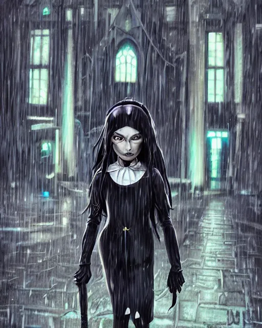 Image similar to An epic fantasy comic book style portrait painting of a very beautiful imposing Industrial goth Wednesday Addams in the rain, wet hair, neon reflections, character design by Mark Ryden and Pixar and Hayao Miyazaki, unreal 5, DAZ, hyperrealistic, octane render, cosplay, RPG portrait, dynamic lighting, intricate detail, cinematic