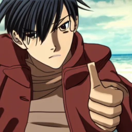 Image similar to eren jaeger pointing at a sausage over the sea