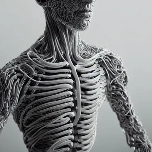 Prompt: a person made out of usb cables, body shot, realistic shot, intricate details, ultra - realistic, atmospheric shot.