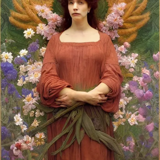 Prompt: queen of flowers, by annie swynnerton and charlie bowater and william - adolphe bouguereau, nicholas roerich and jean delville and evelyn de morgan, dramatic lighting, floral tattoos, rich colors, smooth sharp focus, extremely detailed, donato giancola, adolf wolfli