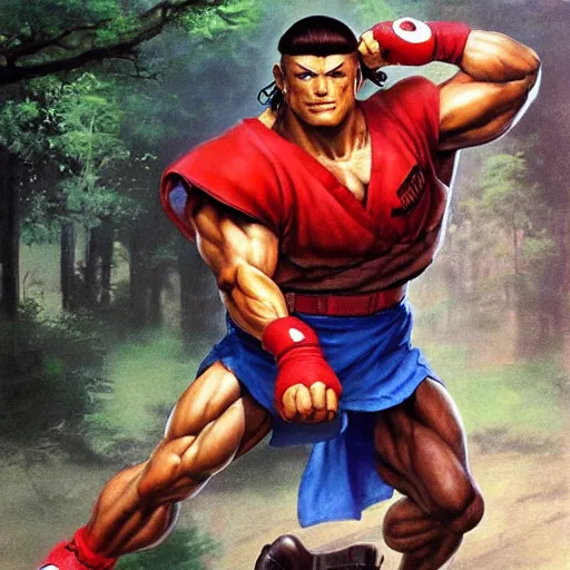 Prompt: ultra realistic forest gump as ryu from street fighter, painting by frank frazetta, 4 k, ultra realistic, highly detailed,