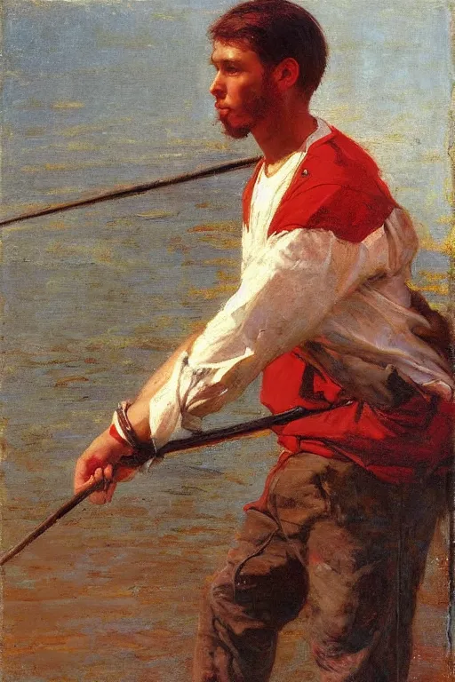 Image similar to Solomon Joseph Solomon and Richard Schmid and Jeremy Lipking victorian genre painting full length portrait painting of a young man going fishing, red background