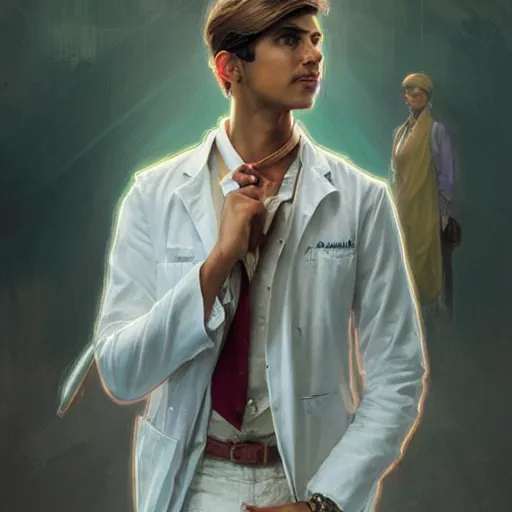 Image similar to Anxious good looking pale young Indian doctors wearing American clothes at the airport, portrait, elegant, intricate, digital painting, artstation, concept art, smooth, sharp focus, illustration, art by artgerm and greg rutkowski and alphonse mucha