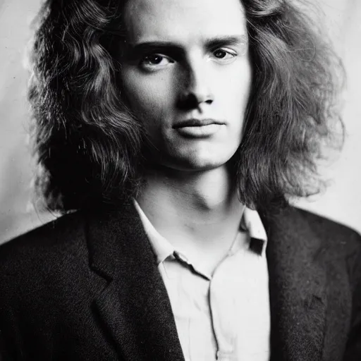 Prompt: full-face portrait of a typical person with waist-length incredible hair by Richard Avedon, beautiful muted hyper-detailed eyes, male with halo, aquiline nose, nd4, 85mm, perfect location lighting