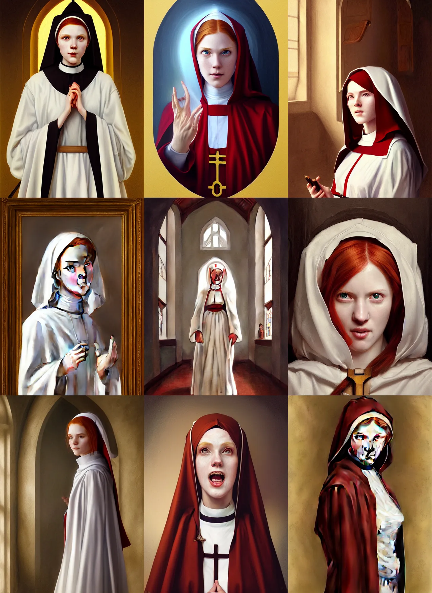 Prompt: daily life portrait of a beaming young provocative redhead nun inside a convent. highly detailed painting. art by artgerm and greg rutkowski