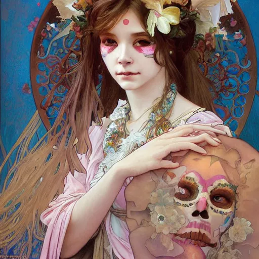 Image similar to realistic detailed painting of a cute Día de los Muertos girl by Alphonse Mucha Ayami Kojima Amano Charlie Bowater, masterpiece