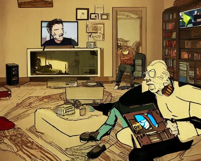 Image similar to a beautiful illustration of my friend mark kidd, playing fallout new vegas on the xbox 3 6 0 in his living room. the tv is the only light source, in the style of studio ghibli, artwork by studio ghibli, cinematic composition, anime