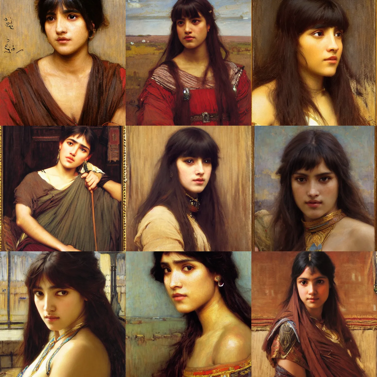 Prompt: thick bangs brown skin orientalist portrait by john william waterhouse and Edwin Longsden Long and Theodore Ralli and Nasreddine Dinet, oil on canvas. Cinematic, hyper realism, dramatic lighting, high detail 8k