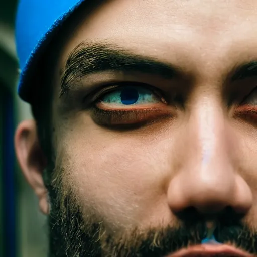 Image similar to fish eye lens close up photograph of a man with blue skin and a goatee side eyeing the camera with a sympathetic look