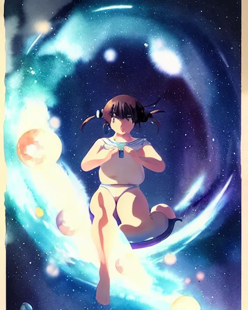 Prompt: oriental water color of a cute thicc astronaut woman, floating through space, backlit, realistic anime, by makoto shinkai and krenz cushart