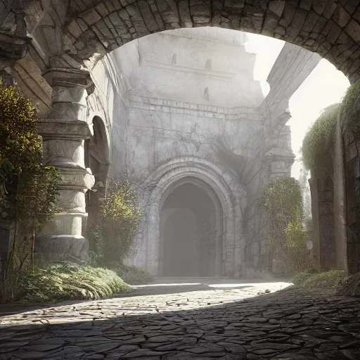 Image similar to a corridor in a stone building with trees on either side, a detailed matte painting by senior environment artist, cgsociety contest winner, fantasy art, unreal engine 5, cryengine octane render