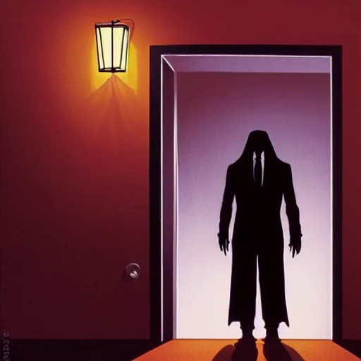 Prompt: an accountant working late does not notice the shadowy figure whose silhouette fills the door to his office. high quality high detail painting by david mattingly and ralph mcquarrie and richard corben, hd, realistic matte painting, photorealistic lighting, modern supernatural urban horror aesthetic.