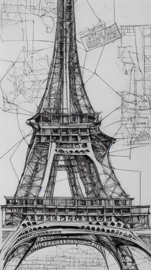 Image similar to architectural design studies of Eiffel Tower, schematics, notes, different closeup view, drawn by Leonardo da Vinci, chinese inkpen draw, artistic, intricated details