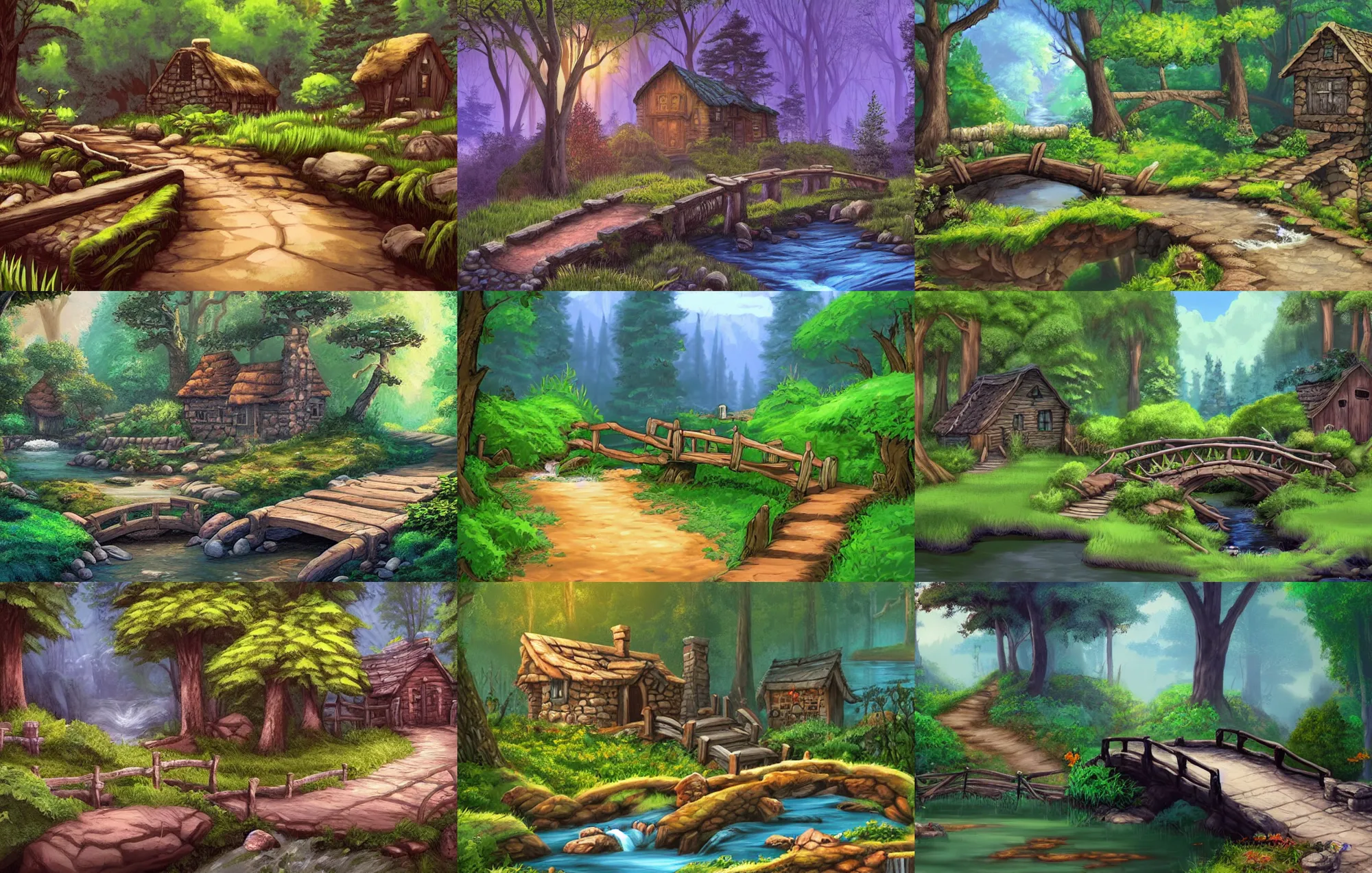 Prompt: a path and small bridge over a brook in front of a cozy rustic house in the middle of a forest, at midday, from a fantasy point and click 2 d graphic adventure game, art inspired by john shroades, king's quest, sierra entertainment games, colorful landscape painting