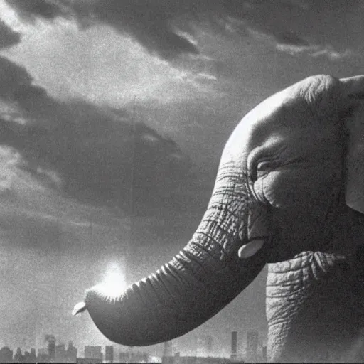 Prompt: giant elephant destroying tokyo in the style of the movie godzilla, cinematic lighting, cinematic framing and shadows 1 9 7 0 s aesthetic