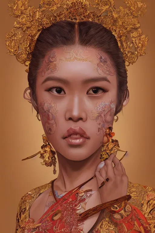 Image similar to portrait of an indonesian celebrity wearing tradistional dress, highly detailed, digital painting, artstation, concept art, sharp focus, illustration, art by kittichai rueangchaichan and james gurney and alphonse mucha