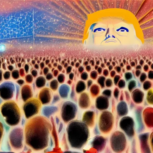 Image similar to donald trump as the sun looking over a field of screaming teenagers. digital painting, high detail, 8 k, film still