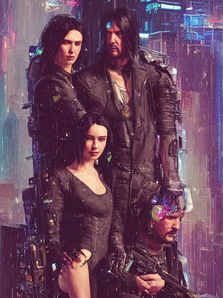 Prompt: a cyberpunk 2077 wedding couple portrait of Keanu Reeves as Johnny Silverhand and V in love story,pray,hug,hold,kiss,film lighting,by Lawrence Alma-Tadema,Andrei Riabovitchev,Laurie Greasley,Dan Mumford, John Wick,Speed,Replicas,artstation,deviantart,FAN ART,full of color,Digital painting,face enhance,highly detailed,8K,octane,golden ratio,cinematic lighting