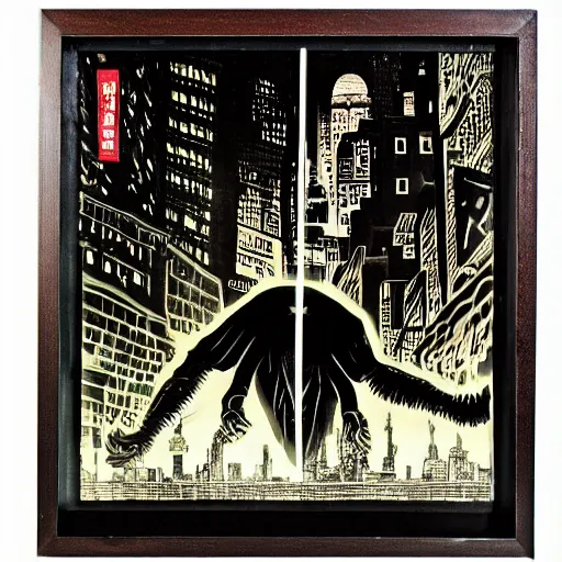 Image similar to ricepaper shadowbox with menacing mind flayer puppet, rampaging silhouette manhattan, backlit