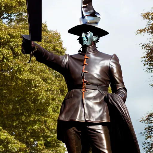 Prompt: portrait of a majestic dark bronze statue of the duke of wellington, with an orange traffic cone on his head