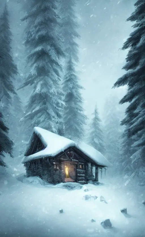 Image similar to a dark fantasy concept art of a snowy forest with a single cabin in the woods, with lights on in the cabin, dynamic lighting, cinematic, ultra detailed, trending on art station, stunning visuals, atmospherical, ambient lighting, realism, lonely vibe