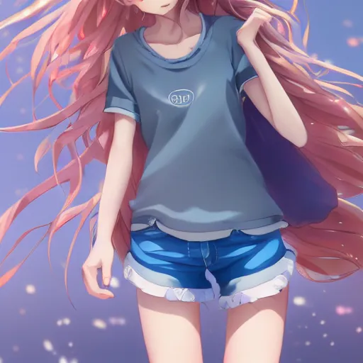 Image similar to a very beautiful anime girl, full body, long wavy blond hair, sky blue eyes, full round face, short smile, cute top, short jeans, summer lake setting, shy ,cinematic lightning, medium shot, mid-shot, highly detailed, trending on Artstation, Unreal Engine 4k, cinematic wallpaper by Stanley Artgerm Lau, WLOP, Rossdraws, James Jean, Andrei Riabovitchev, Marc Simonetti, and Sakimichan