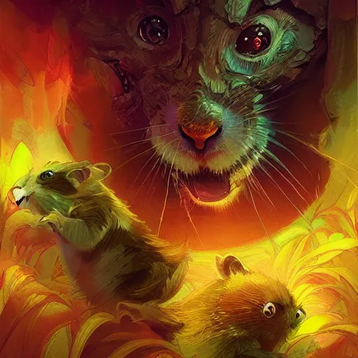 Prompt: very scared hamster, digital illustration portrait design, by android jones and greg rutkowski, retrowave color scheme, detailed, cinematic lighting, wide angle action dynamic portrait