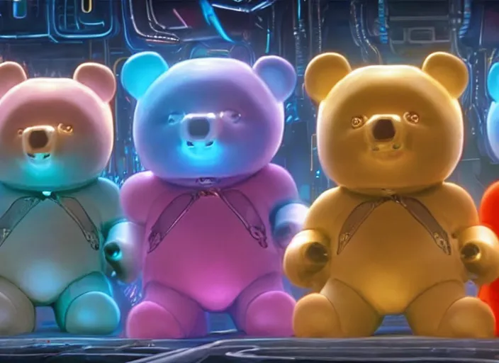 Image similar to film still of cyberpunk care bears in the fifth element movie, 4 k