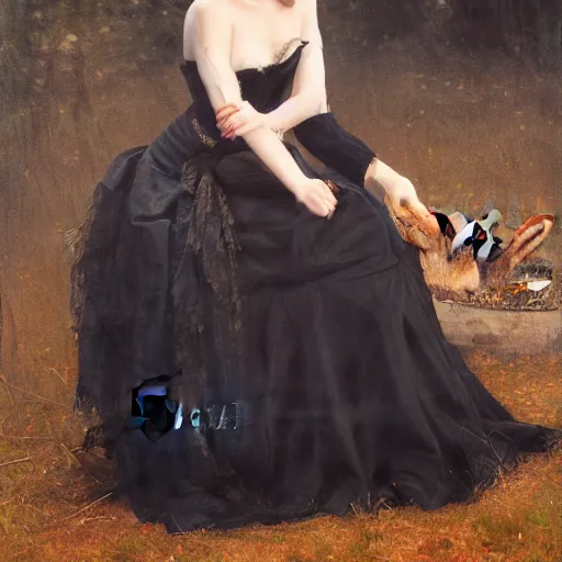 Prompt: a beautiful young woman, pale skin, black long hair, aristocrat, black expensive dress from 1 8 6 0, illuminated by campfire, oil painting, digital art, studio photo, realistic, artstation, high quality, wild west