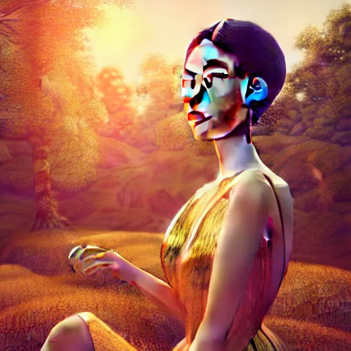 Image similar to innovative avant - garde art, deco fashion, asian women, highly detailed, photorealistic portrait, serene forest setting, golden hour, crisp quality and light reflections, octane render