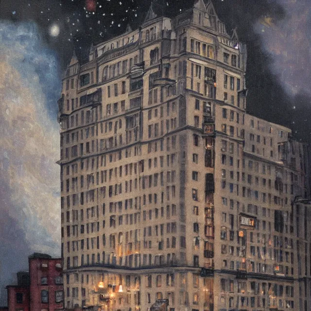 Prompt: ultra - realistic painting gothic 1 9 2 0 s 1 0 - storey hotel in downtown boston overlooking a dark street against a horrifying cosmic sky, atmospheric lighting, gloomy, foreboding
